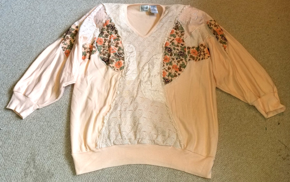 VINTAGE 80s Womens Top-BONNIE & BILL-pink patchwork/lace Cottagecore Grandma-L